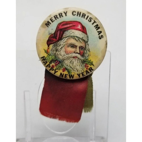 1930s 1940s Santa Claus MERRY CHRISTMAS HAPPY NEW YEAR Celluloid Pinback Button - Picture 2 of 6